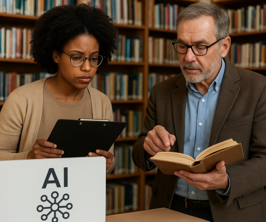 Bibliotecários analisando IA na biblioteca