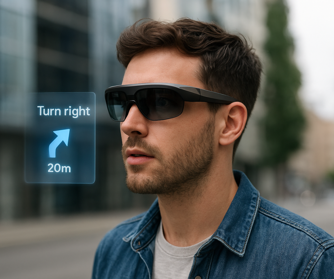 Homem com óculos AR na cidade