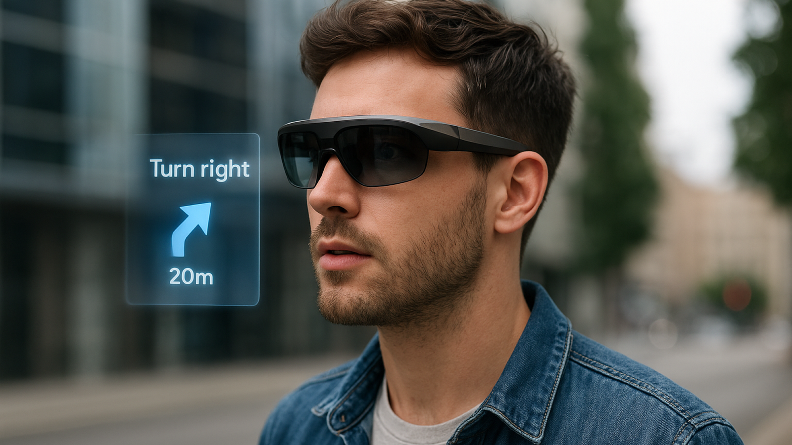 Homem com óculos AR na cidade